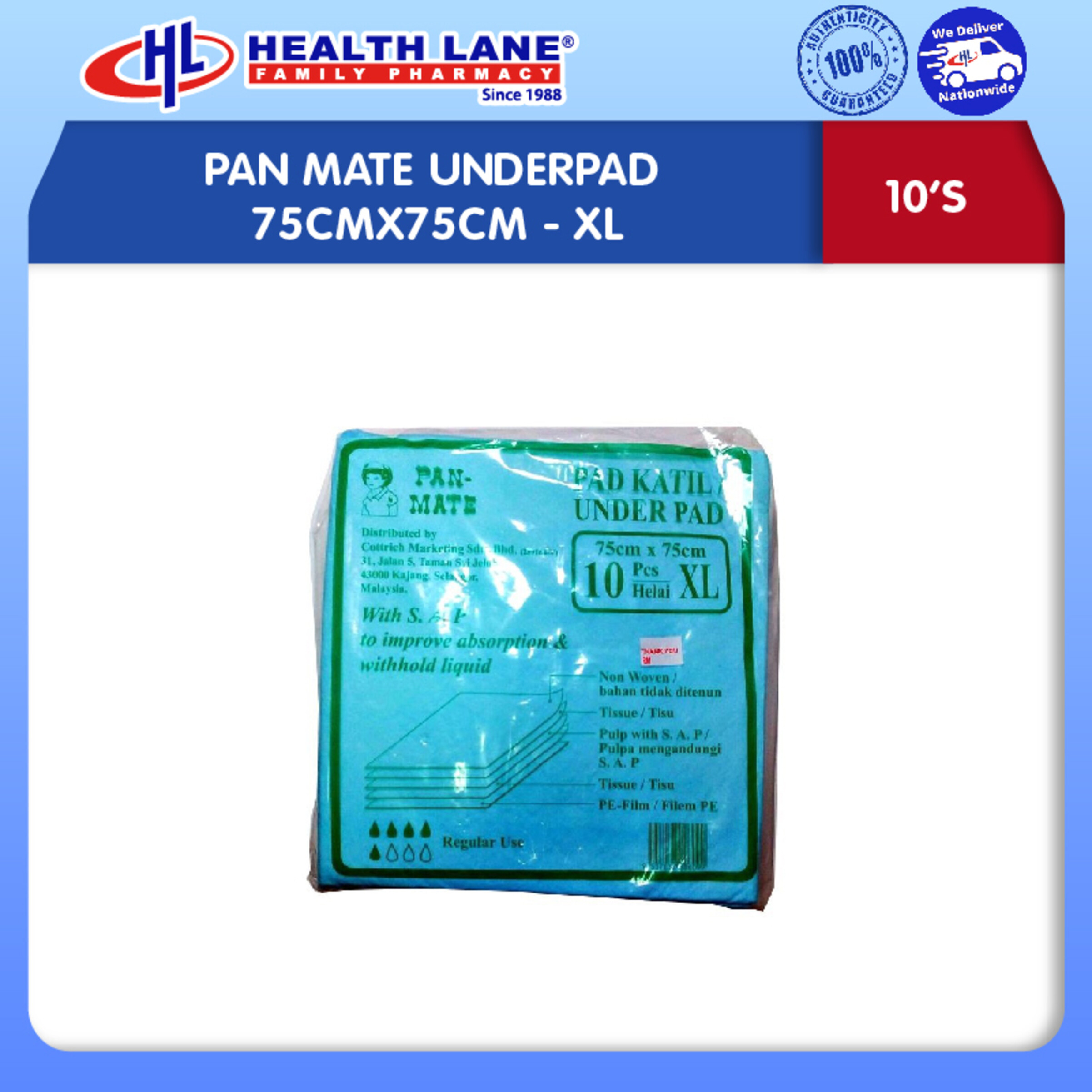 PAN MATE UNDERPAD 75CMx75CM 10'S- XL